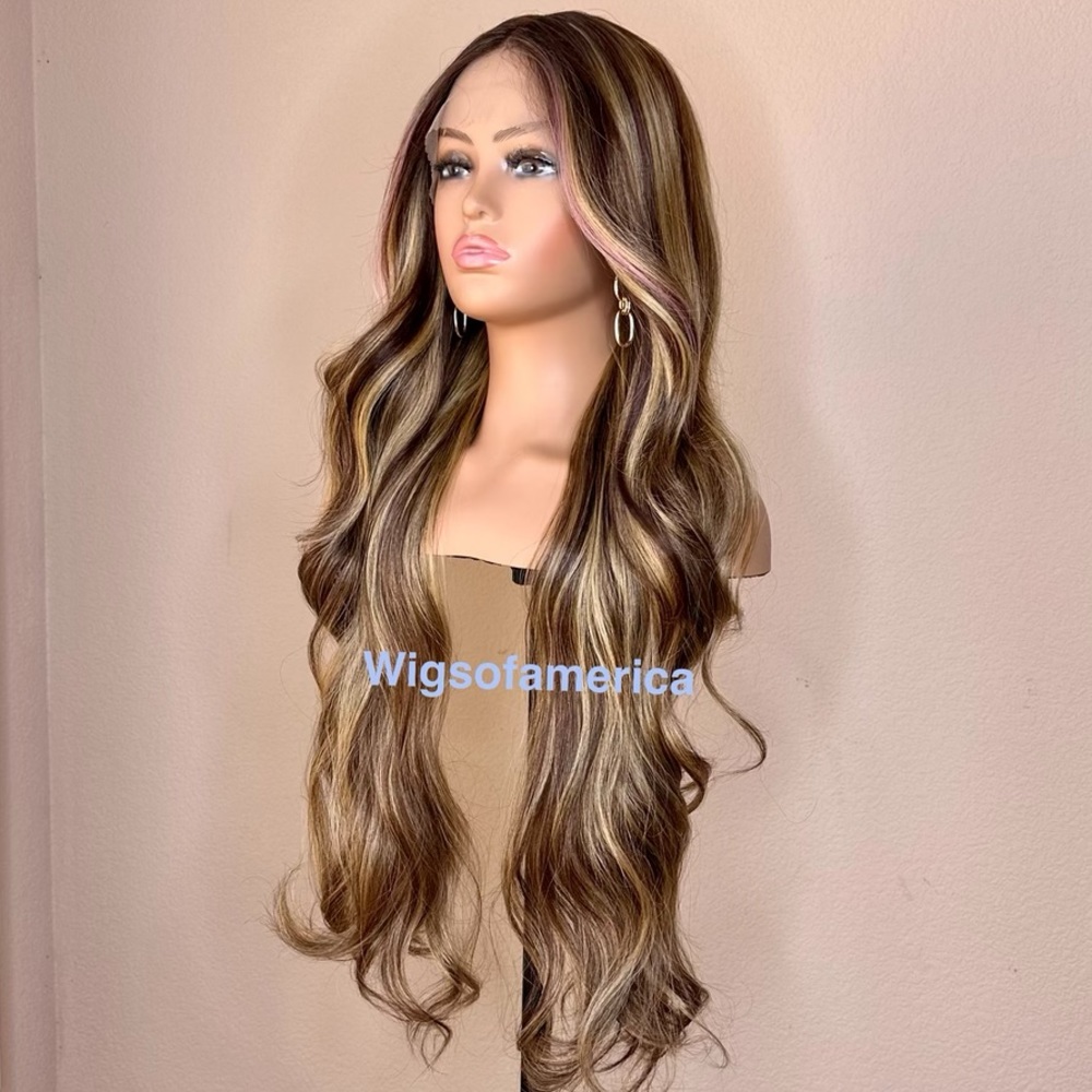 blonde ombré wig  pink brown 28 inch long wavy layered lace front middle part